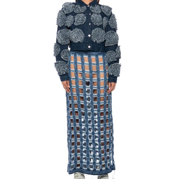 Miz Check on My Split: Square Biz Cut Out Denim Maxi Skirt Large - Picture 3 of 10